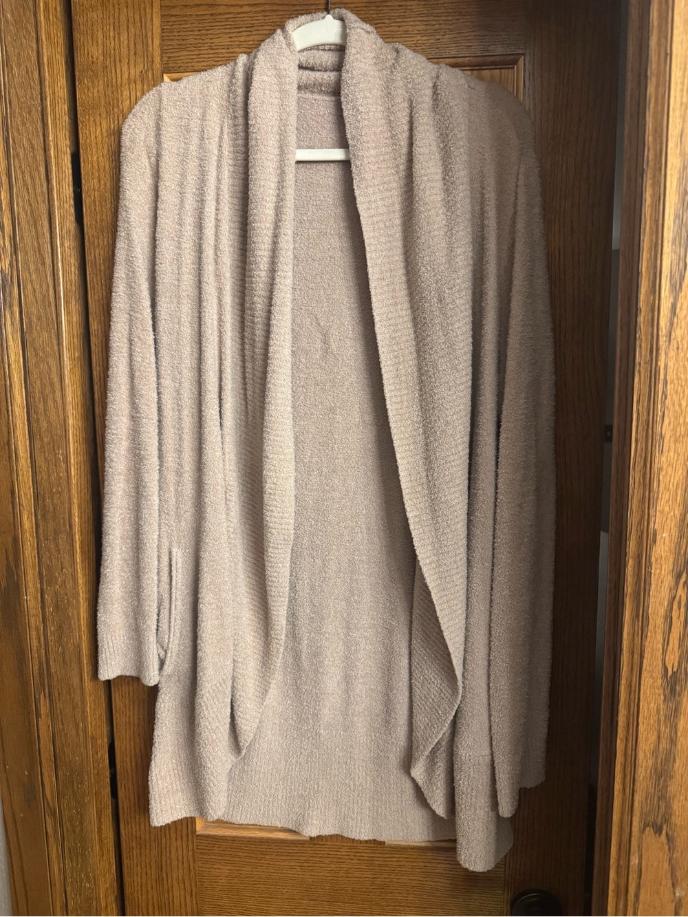 Cozy Chic Barefoot Dreams Open-Front Women's Cardigan Sweater in Light Taupe